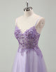 Purple A-Line Spaghetti Applique Tulle Prom Dress