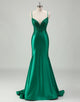 Green Sheath Spaghetti Applique Sweep Train Prom Dress