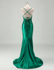 Green Sheath Spaghetti Applique Sweep Train Prom Dress