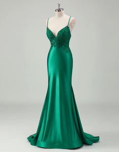 Green Sheath Spaghetti Applique Sweep Train Prom Dress