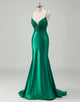 Green Sheath Spaghetti Applique Sweep Train Prom Dress