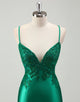 Green Sheath Spaghetti Applique Sweep Train Prom Dress