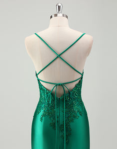 Green Sheath Spaghetti Applique Sweep Train Prom Dress