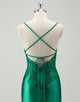 Green Sheath Spaghetti Applique Sweep Train Prom Dress