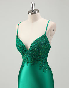 Green Sheath Spaghetti Applique Sweep Train Prom Dress