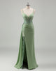 Light Green Sheath Spaghetti Applique Sequin Prom Dress