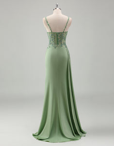 Light Green Sheath Spaghetti Applique Sequin Prom Dress