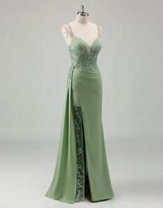 Light Green Sheath Spaghetti Applique Sequin Prom Dress