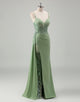 Light Green Sheath Spaghetti Applique Sequin Prom Dress