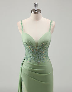 Light Green Sheath Spaghetti Applique Sequin Prom Dress