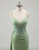 Light Green Sheath Spaghetti Applique Sequin Prom Dress