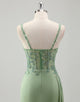 Light Green Sheath Spaghetti Applique Sequin Prom Dress