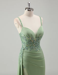 Light Green Sheath Spaghetti Applique Sequin Prom Dress