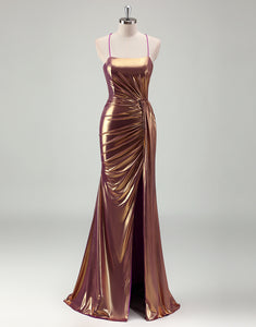 Golden Sheath Spaghetti Ruched Slit Prom Dress