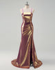 Golden Mermaid Spaghetti Ruched Slit Prom Dress