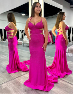 Fuchsia Sheath Spaghetti Backless Prom Dress with Sweep Train