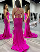 Fuchsia Sheath Spaghetti Backless Prom Dress with Sweep Train