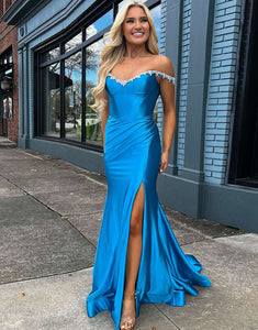 Silver Mermaid Off The Shoulder Ruched Prom Dress with Slit