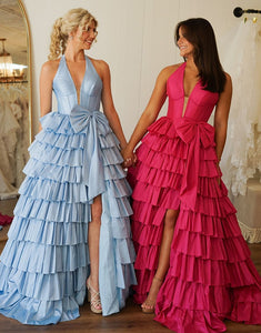 Blue A-Line Halter Tiered Prom Dress with Slit