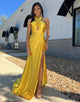 Yellow Sheath Halter Prom Dress with Slit