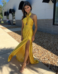 Yellow Sheath Halter Prom Dress with Slit