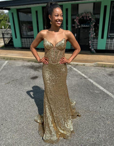 Golden Mermaid Strapless Sequin Prom Dress