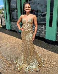 Golden Mermaid Strapless Sequin Prom Dress