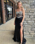 Black Sheath Spaghetti Crystal Prom Dress with Slit