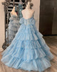 Blue A-Line Sweetheart Cascading Ruffles Long Prom Dress