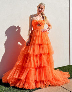 Orange A-Line Spaghetti Prom Dress with Cascading Ruffles