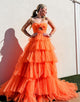 Orange A-Line Spaghetti Prom Dress with Cascading Ruffles