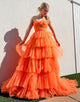 Orange A-Line Spaghetti Prom Dress with Cascading Ruffles