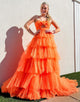 Orange A-Line Spaghetti Prom Dress with Cascading Ruffles