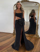 Black Sheath Spaghetti Bow Prom Dress with Sweep Train