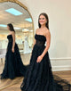 Black A-Line Strapless Tulle Long Prom Dress