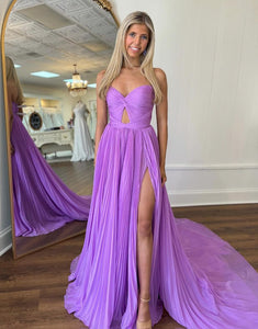 Purple A-Line Sweetheart Slit Prom Dress with Sweep Train