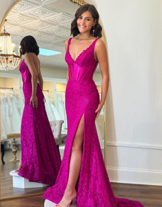 Fuchsia Sheath Spaghetti Backless Prom Dress with Slit