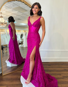 Fuchsia Sheath Spaghetti Backless Prom Dress with Slit