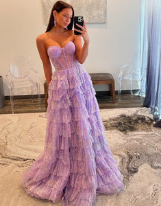 Purple A-Line Strapless Sleeveless Slit Prom Dress