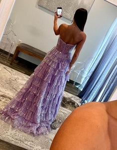 Purple A-Line Strapless Sleeveless Slit Prom Dress