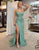 Green Spaghetti Backless Slit Prom Dress with Applique