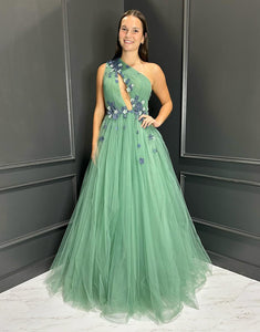 Green A-Line One Shoulder 3D Flower Tulle Prom Dress