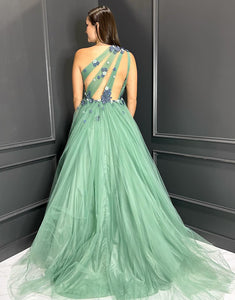 Green A-Line One Shoulder 3D Flower Tulle Prom Dress