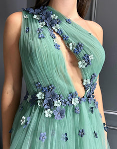 Green A-Line One Shoulder 3D Flower Tulle Prom Dress