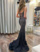 Black Sheath Spaghetti Beading Prom Dress with Slit