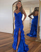 Royal Blue Sheath Sweetheart Cascading Ruffles Slit Prom Dress