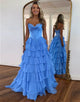 Blue A-Line Sweetheart Sleeveless Cascading Ruffle Prom Dress