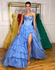 Blue A-Line Sweetheart Sleeveless Cascading Ruffle Prom Dress