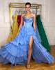 Blue A-Line Sweetheart Sleeveless Cascading Ruffle Prom Dress