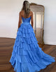 Blue A-Line Sweetheart Sleeveless Cascading Ruffle Prom Dress